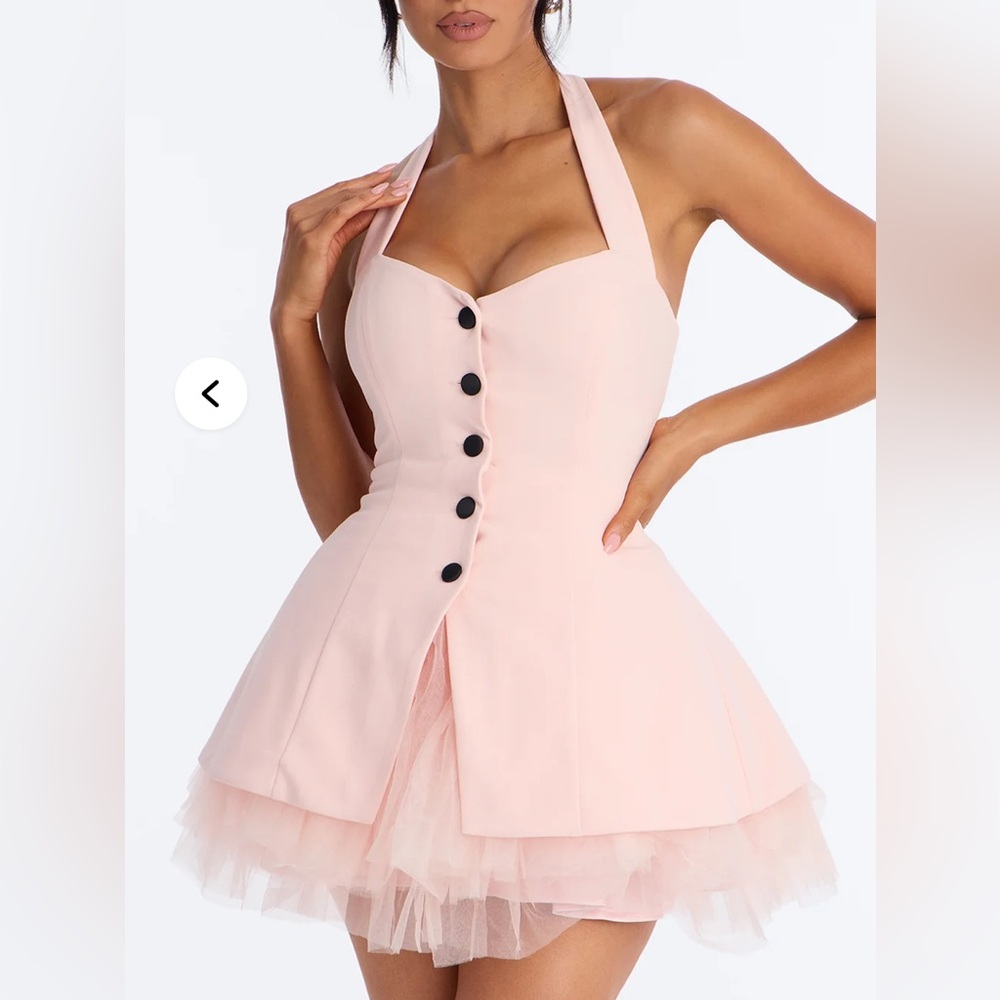 Halter Neck Blush Pink Mini Dress with Tulle Hem